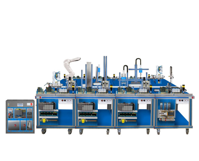 FLEXIBLE MANUFACTURING SYSTEM FOR TRANSPORT, ASSEMBLY, PRESSING, SELECTION, SCREWING, AND STORAGE - AE-PLC-FMS1